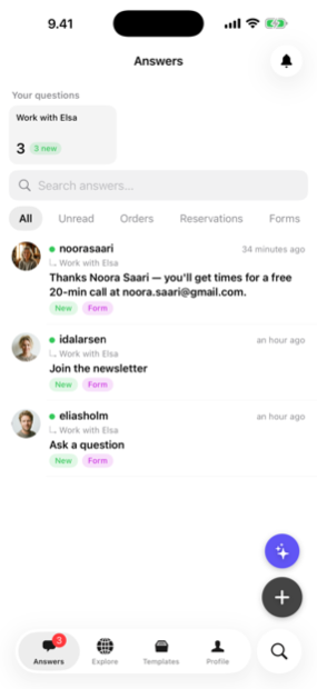 The Answe app inbox showing incoming answers