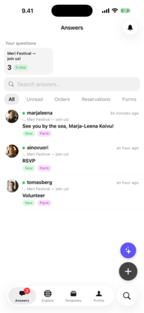 The Answe app inbox showing incoming answers
