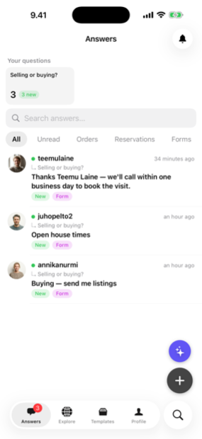 The Answe app inbox showing incoming answers
