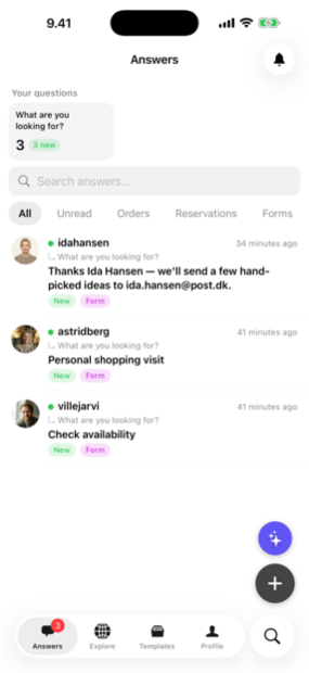 The Answe app inbox showing incoming answers