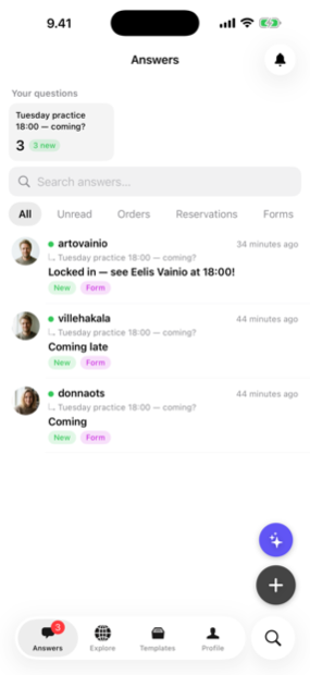 The Answe app inbox showing incoming answers
