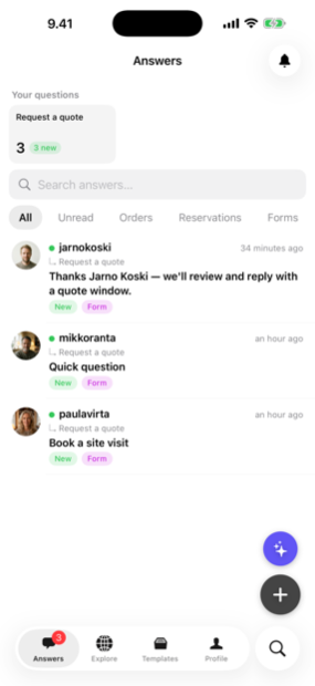 The Answe app inbox showing incoming answers