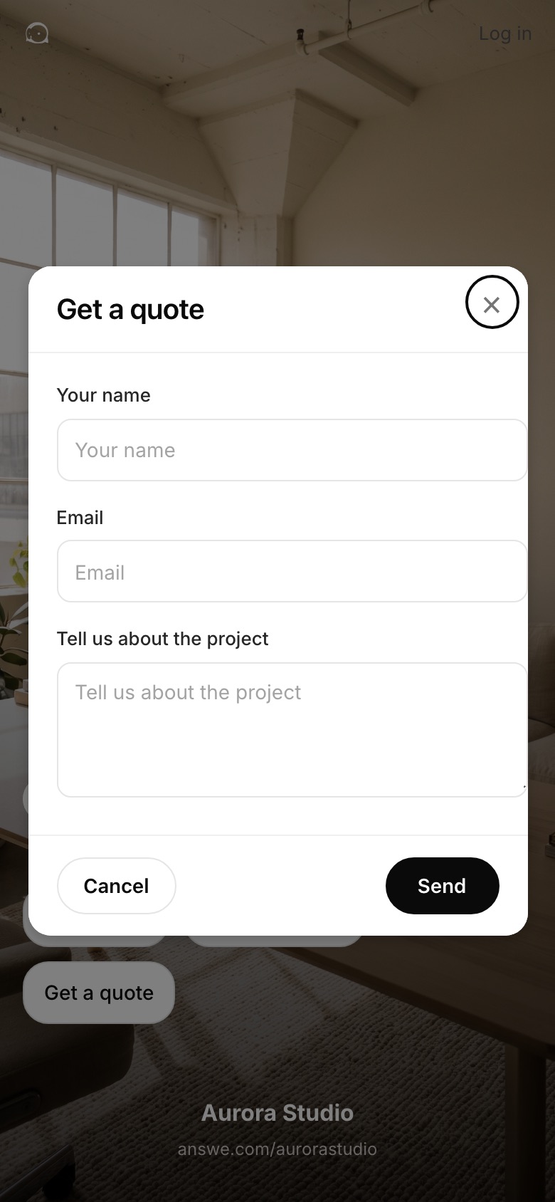 Aurora Studio’s Answe page, as the customer opens it